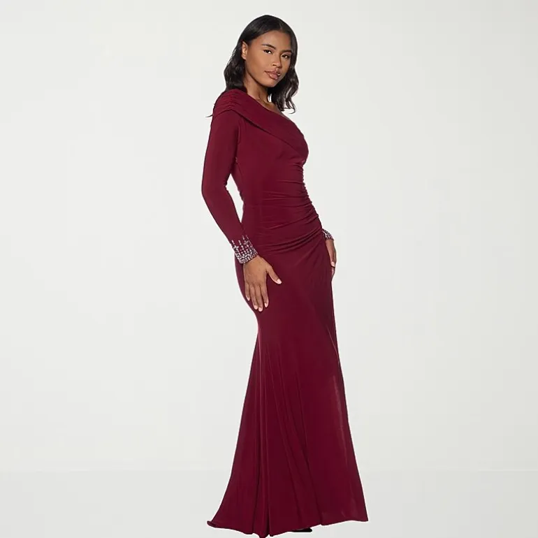 Premier Amour Womens Asymmetrical Neck Long Sleeve Off the Shoulder Embellished Evening Gown