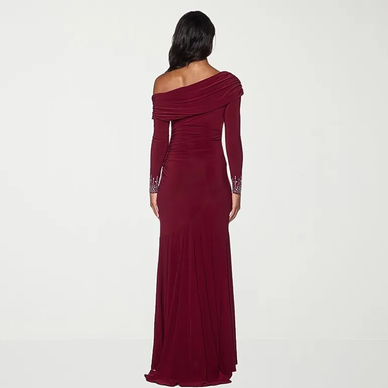 Premier Amour Womens Asymmetrical Neck Long Sleeve Off the Shoulder Embellished Evening Gown