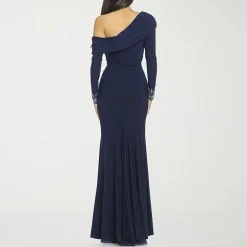 Premier Amour Womens Asymmetrical Neck Long Sleeve Off the Shoulder Embellished Evening Gown