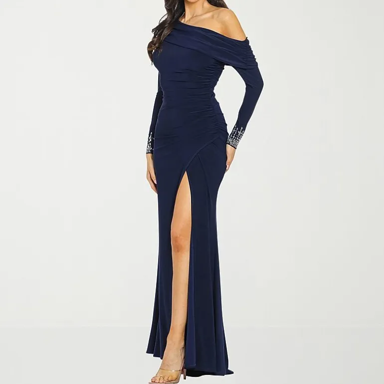 Premier Amour Womens Asymmetrical Neck Long Sleeve Off the Shoulder Embellished Evening Gown