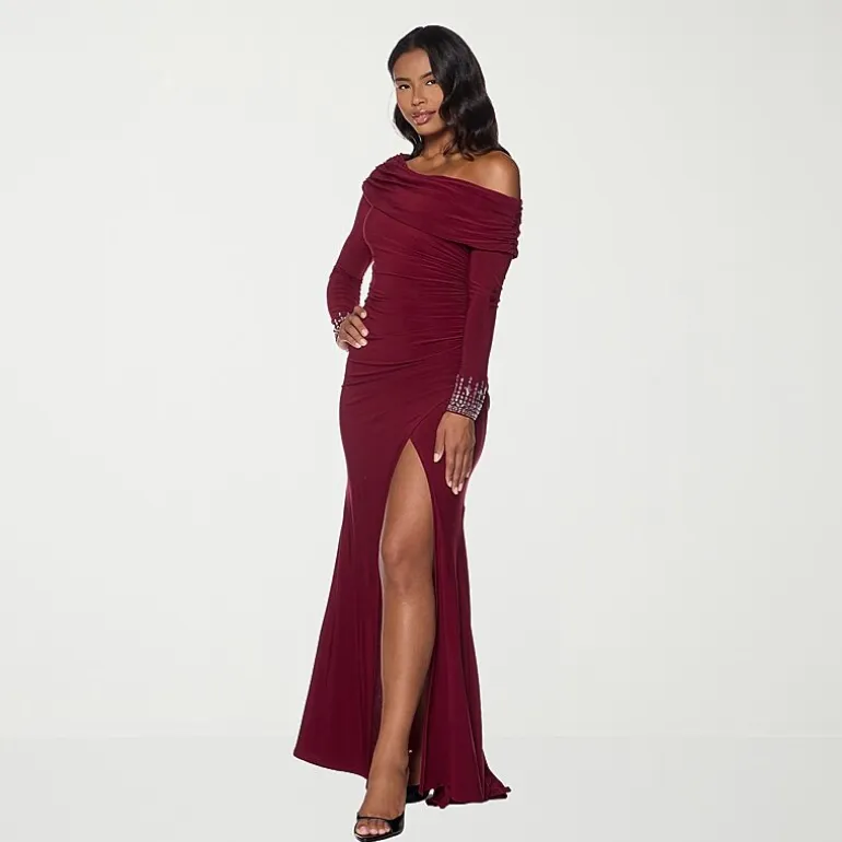 Premier Amour Womens Asymmetrical Neck Long Sleeve Off the Shoulder Embellished Evening Gown