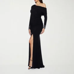 Premier Amour Womens Asymmetrical Neck Long Sleeve Off the Shoulder Embellished Evening Gown
