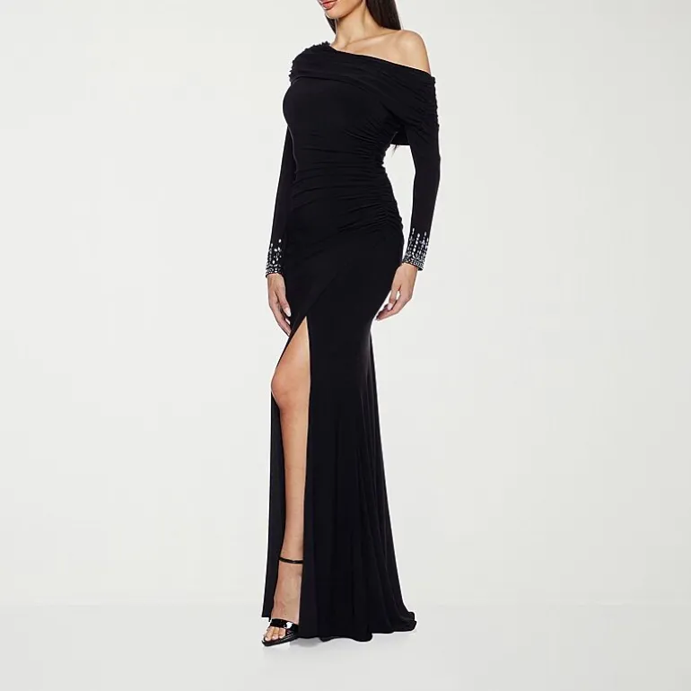 Premier Amour Womens Asymmetrical Neck Long Sleeve Off the Shoulder Embellished Evening Gown