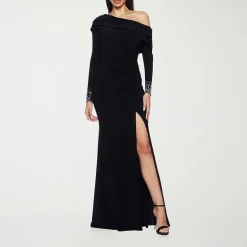 Premier Amour Womens Asymmetrical Neck Long Sleeve Off the Shoulder Embellished Evening Gown