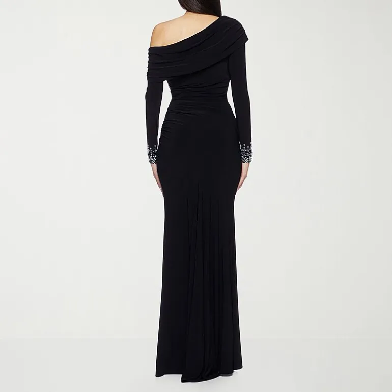 Premier Amour Womens Asymmetrical Neck Long Sleeve Off the Shoulder Embellished Evening Gown