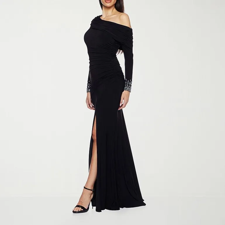 Premier Amour Womens Asymmetrical Neck Long Sleeve Off the Shoulder Embellished Evening Gown
