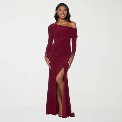 Premier Amour Womens Asymmetrical Neck Long Sleeve Off the Shoulder Embellished Evening Gown
