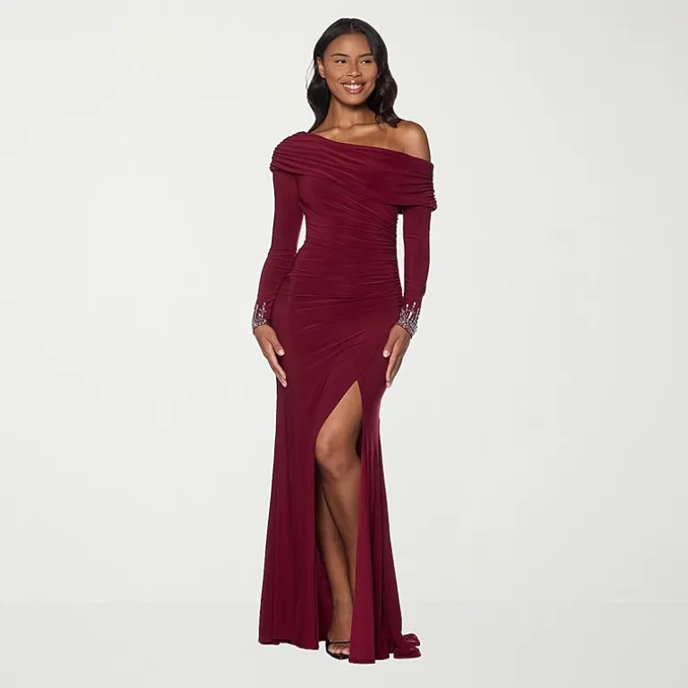 Premier Amour Womens Asymmetrical Neck Long Sleeve Off the Shoulder Embellished Evening Gown