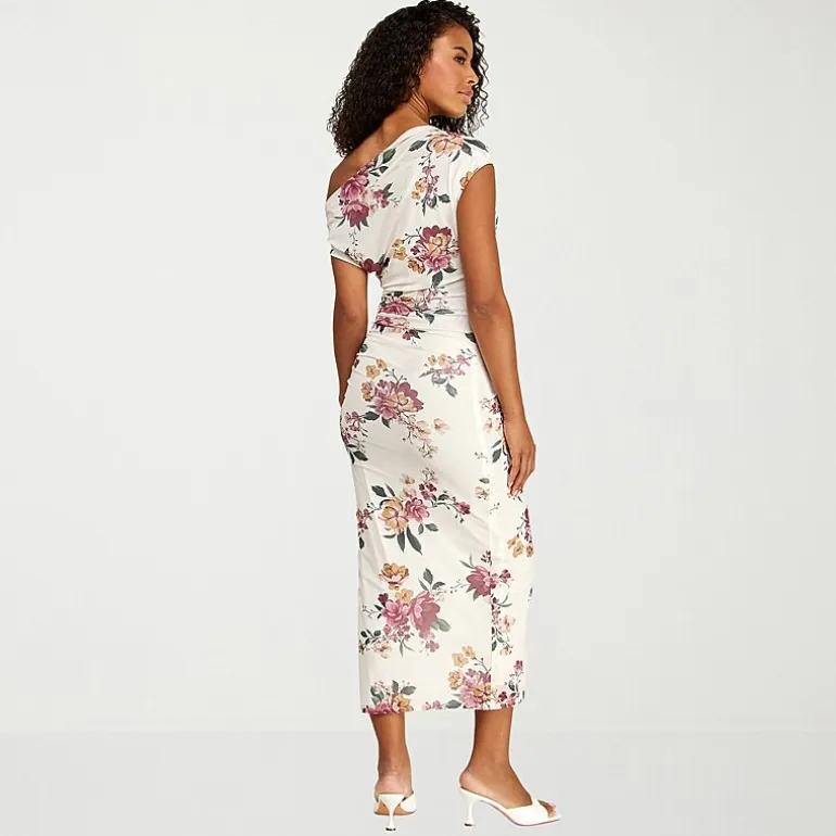 Premier Amour Womens Midi Asymmetrical Neck Sleeveless Floral Sheath Dress