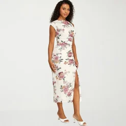 Premier Amour Womens Midi Asymmetrical Neck Sleeveless Floral Sheath Dress