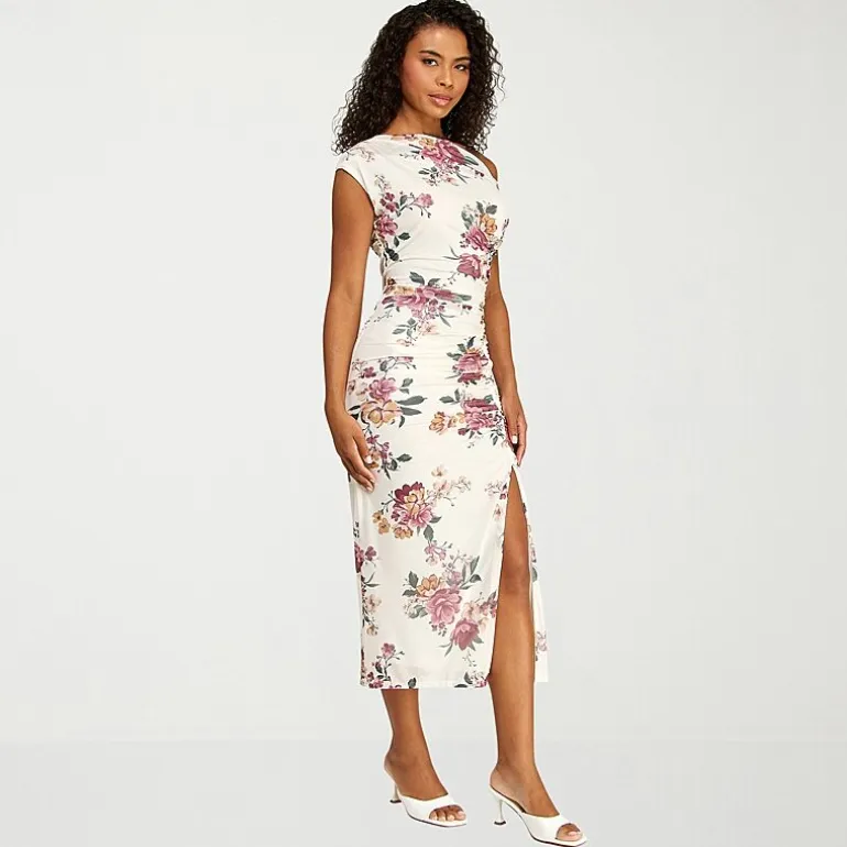 Premier Amour Womens Midi Asymmetrical Neck Sleeveless Floral Sheath Dress