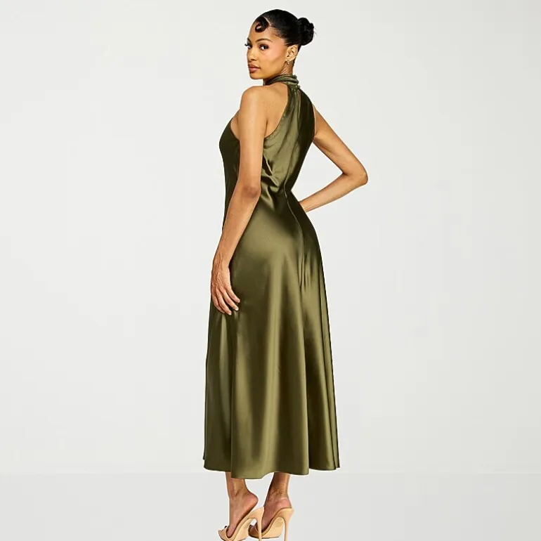 Premier Amour Womens Midi Halter Neck Sleeveless Evening Gown