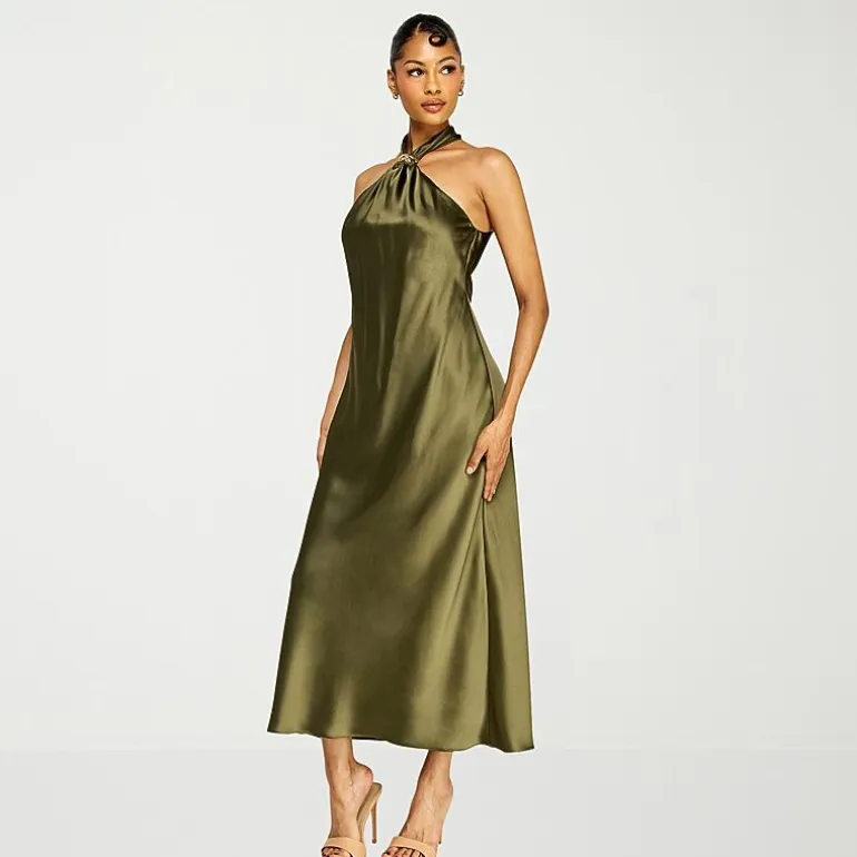 Premier Amour Womens Midi Halter Neck Sleeveless Evening Gown