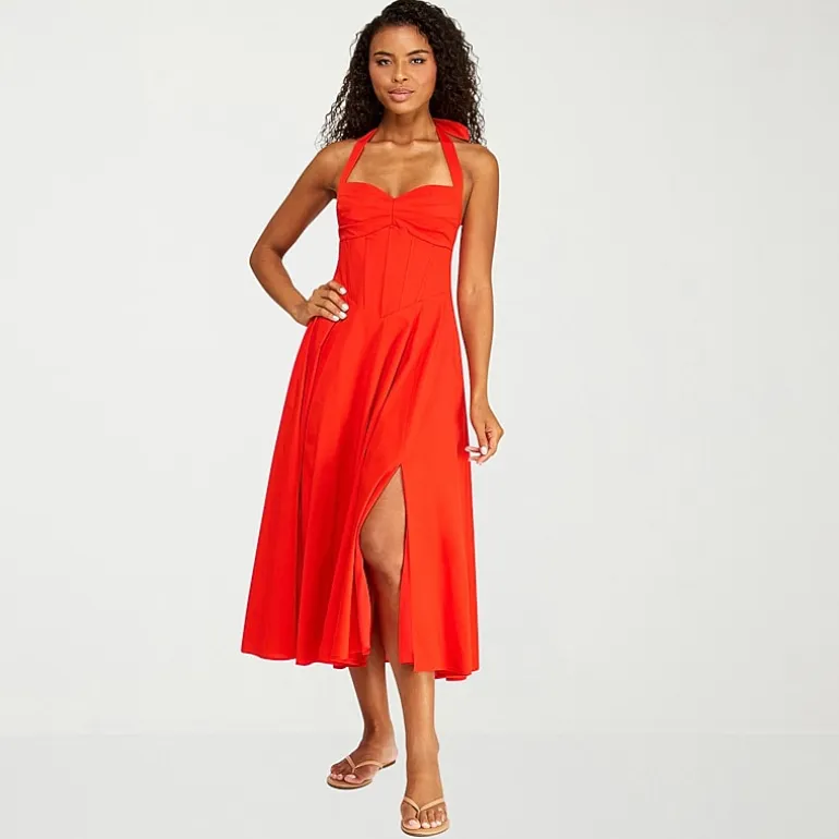 Premier Amour Womens Midi Halter Neck Sleeveless Fit + Flare Dress