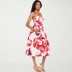 Premier Amour Womens Midi Straight Neck Sleeveless Floral Fit + Flare Dress