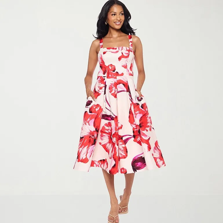 Premier Amour Womens Midi Straight Neck Sleeveless Floral Fit + Flare Dress