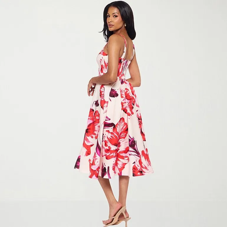 Premier Amour Womens Midi Straight Neck Sleeveless Floral Fit + Flare Dress
