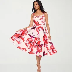 Premier Amour Womens Midi Straight Neck Sleeveless Floral Fit + Flare Dress