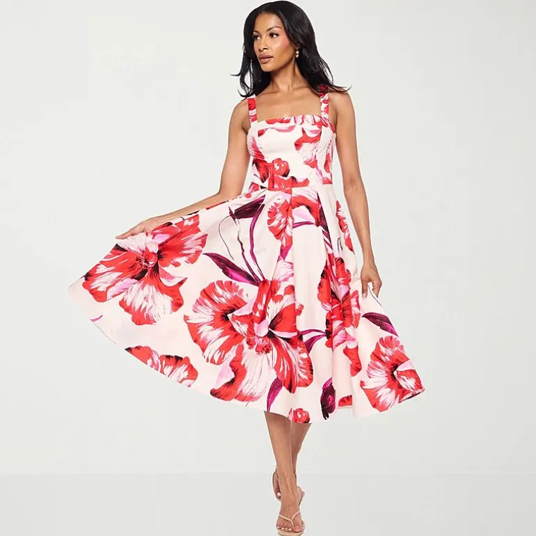 Premier Amour Womens Midi Straight Neck Sleeveless Floral Fit + Flare Dress