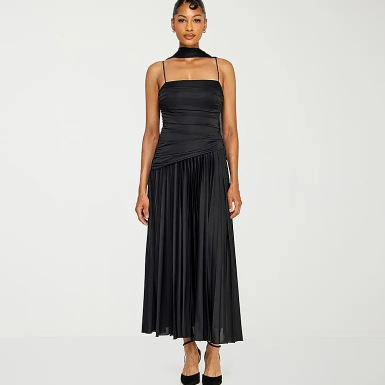 Premier Amour Womens Midi Straight Neck Sleeveless Fit + Flare Dress