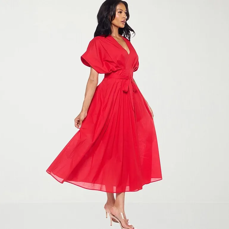Premier Amour Womens Midi V Neck Short Sleeve Dolman Fit + Flare Dress