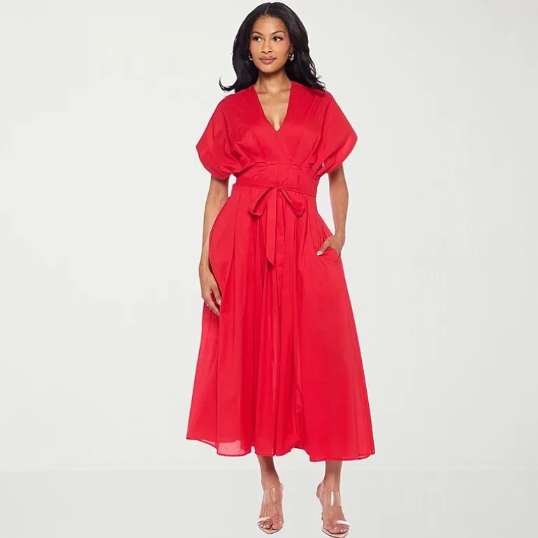 Premier Amour Womens Midi V Neck Short Sleeve Dolman Fit + Flare Dress