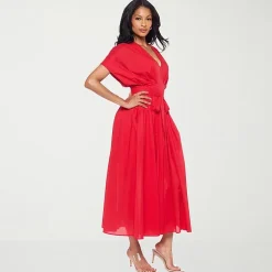 Premier Amour Womens Midi V Neck Short Sleeve Dolman Fit + Flare Dress