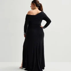 Premier Amour Womens Plus Asymmetrical Neck Long Sleeve Fitted Evening Gown