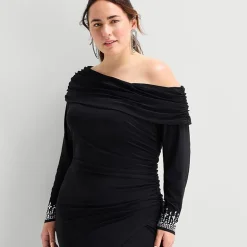 Premier Amour Womens Plus Asymmetrical Neck Long Sleeve Fitted Evening Gown