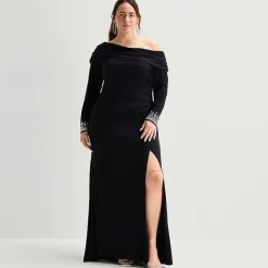 Premier Amour Womens Plus Asymmetrical Neck Long Sleeve Fitted Evening Gown
