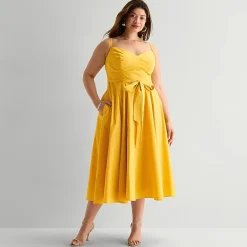 Premier Amour Womens Plus Midi V Neck Sleeveless Fit + Flare Dress