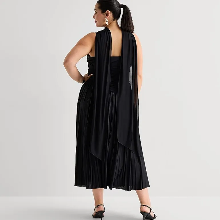 Premier Amour Womens Plus Midi Straight Neck Sleeveless Fit + Flare Dress