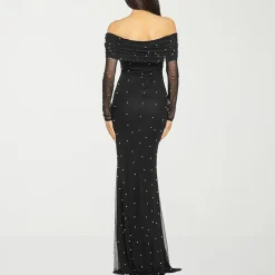 Premier Amour Womens Straight Neck Long Sleeve Off the Shoulder Pearl Trim Evening Gown