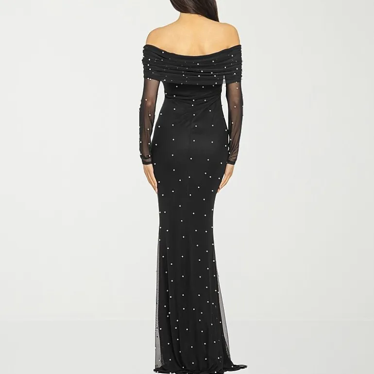 Premier Amour Womens Straight Neck Long Sleeve Off the Shoulder Pearl Trim Evening Gown