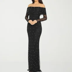 Premier Amour Womens Straight Neck Long Sleeve Off the Shoulder Pearl Trim Evening Gown