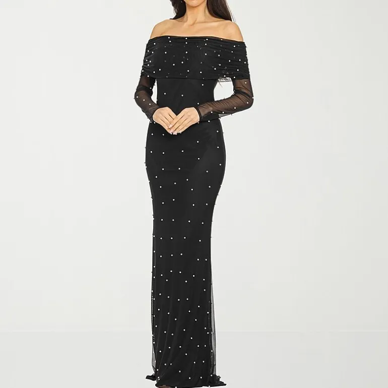 Premier Amour Womens Straight Neck Long Sleeve Off the Shoulder Pearl Trim Evening Gown