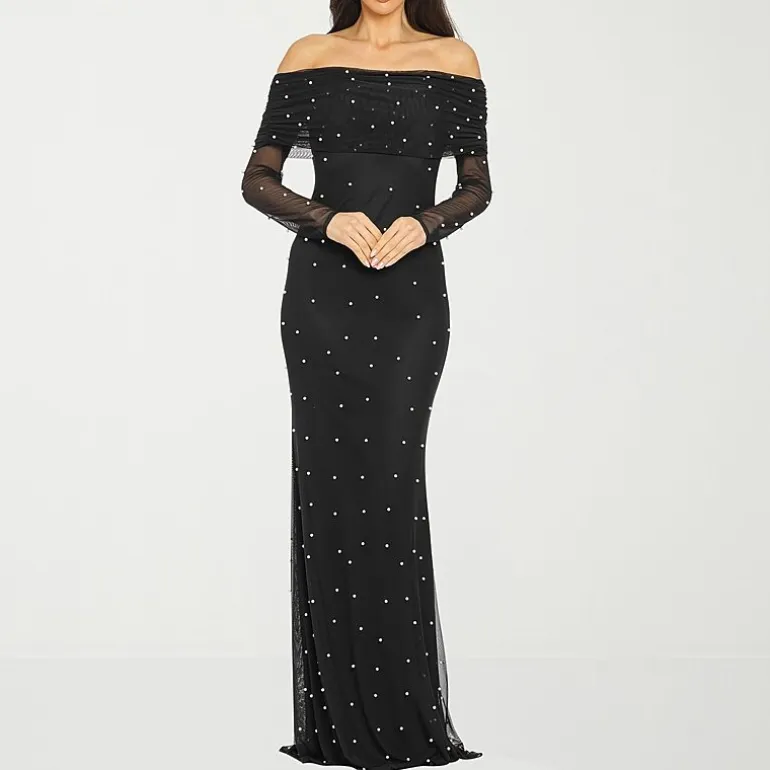 Premier Amour Womens Straight Neck Long Sleeve Off the Shoulder Pearl Trim Evening Gown
