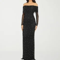 Premier Amour Womens Straight Neck Long Sleeve Off the Shoulder Pearl Trim Evening Gown