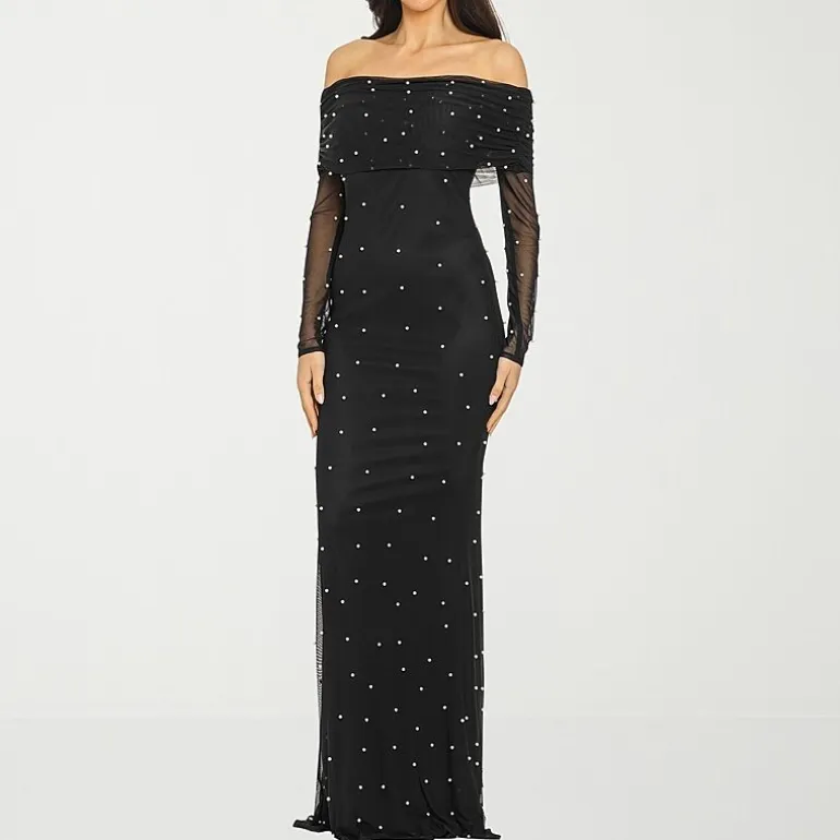 Premier Amour Womens Straight Neck Long Sleeve Off the Shoulder Pearl Trim Evening Gown