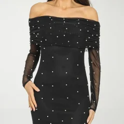 Premier Amour Womens Straight Neck Long Sleeve Off the Shoulder Pearl Trim Evening Gown