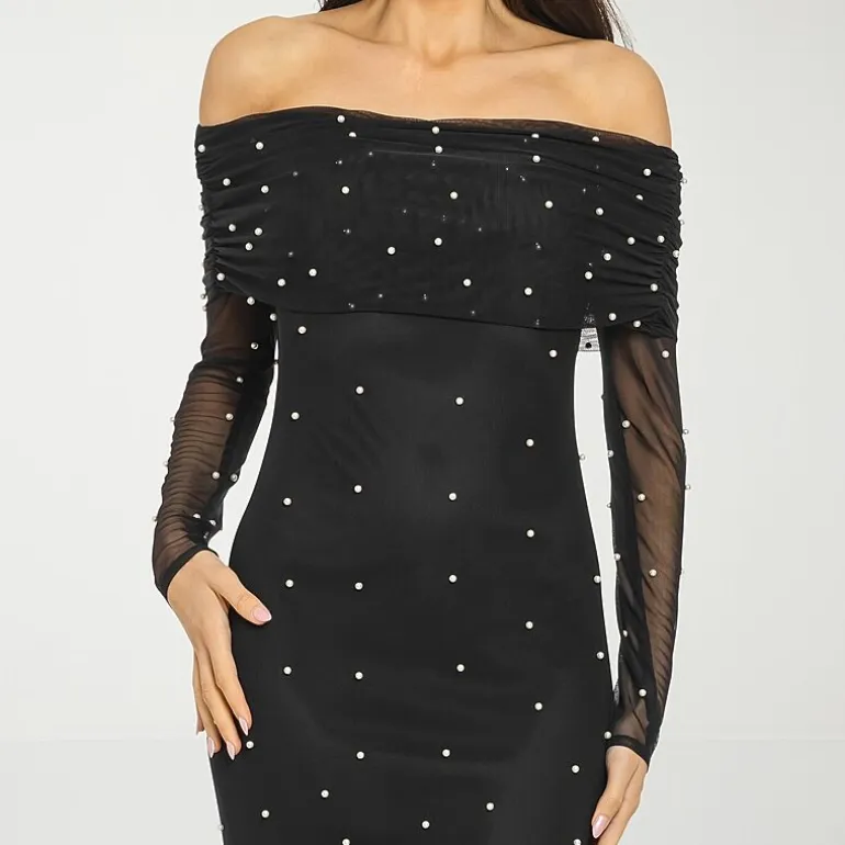 Premier Amour Womens Straight Neck Long Sleeve Off the Shoulder Pearl Trim Evening Gown
