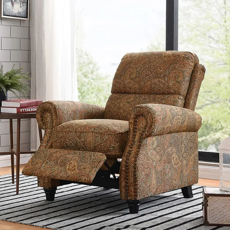ProLounger Anna Traditional Roll-Arm Push Back Recliner in Multi-Burgundy Paisley with Nailheads
