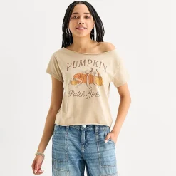 Pumpkin Patch Girlie Off The Shoulder Womens Juniors Round Neck Short Sleeve Fitted Graphic T-Shirt