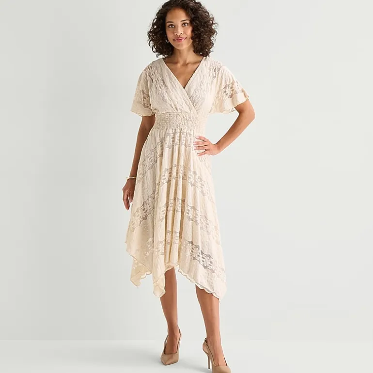 Rabbit Rabbit Rabbit Design Womens Midi V Neck Short Sleeve Flutter Fit + Flare Dress
