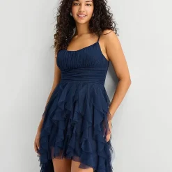Radiante Couture Womens Juniors High-Low Scoop Neck Sleeveless Fit + Flare Dress