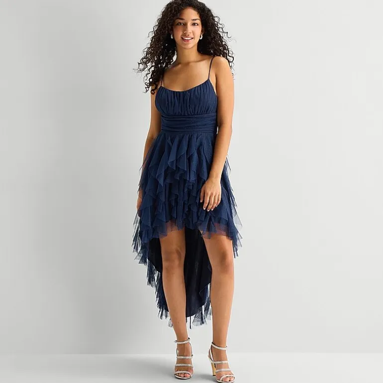Radiante Couture Womens Juniors High-Low Scoop Neck Sleeveless Fit + Flare Dress