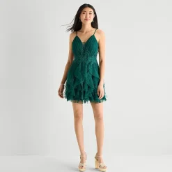 Radiante Couture Womens Juniors V Neck Sleeveless Applique Fit + Flare Dress