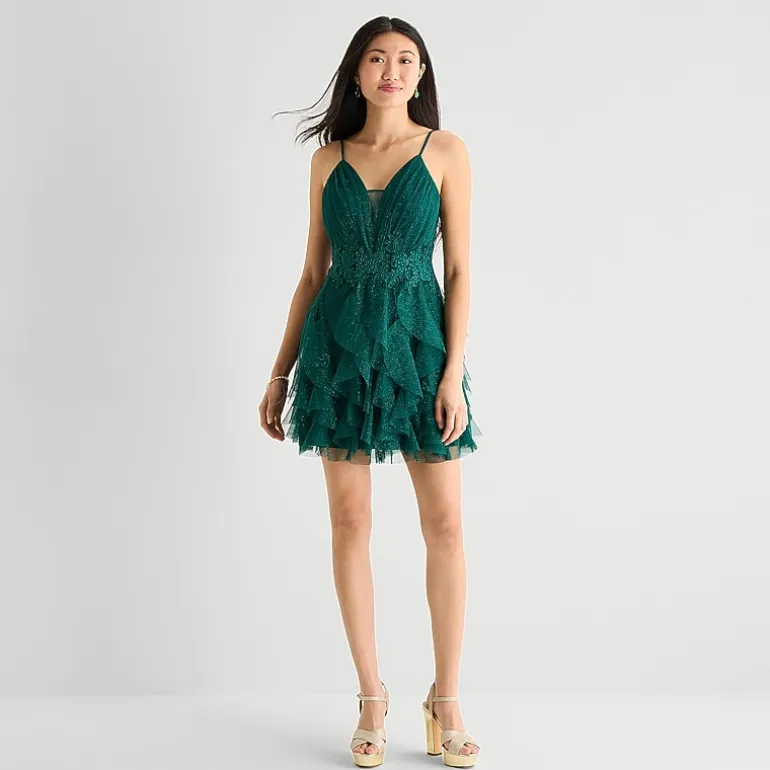 Radiante Couture Womens Juniors V Neck Sleeveless Applique Fit + Flare Dress
