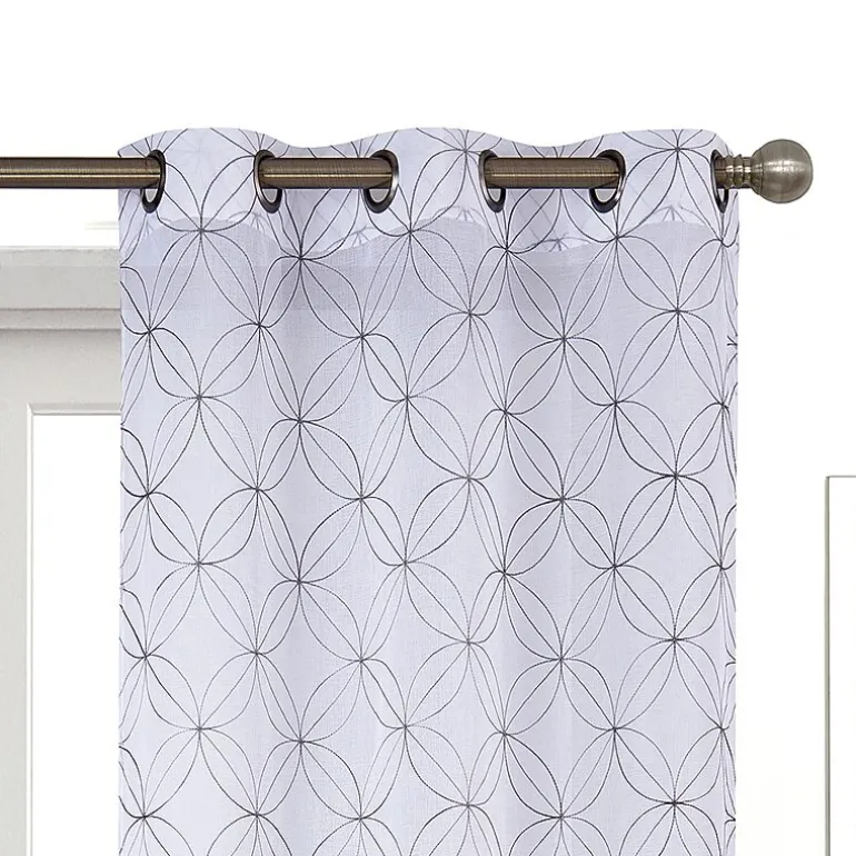 Regal Home Perth Geometric Embroidery Grommet Top Sheer Set of 2 Curtain Panel