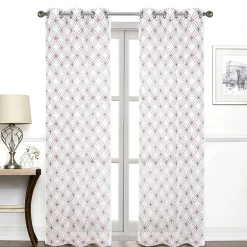 Regal Home Perth Geometric Embroidery Grommet Top Sheer Set of 2 Curtain Panel